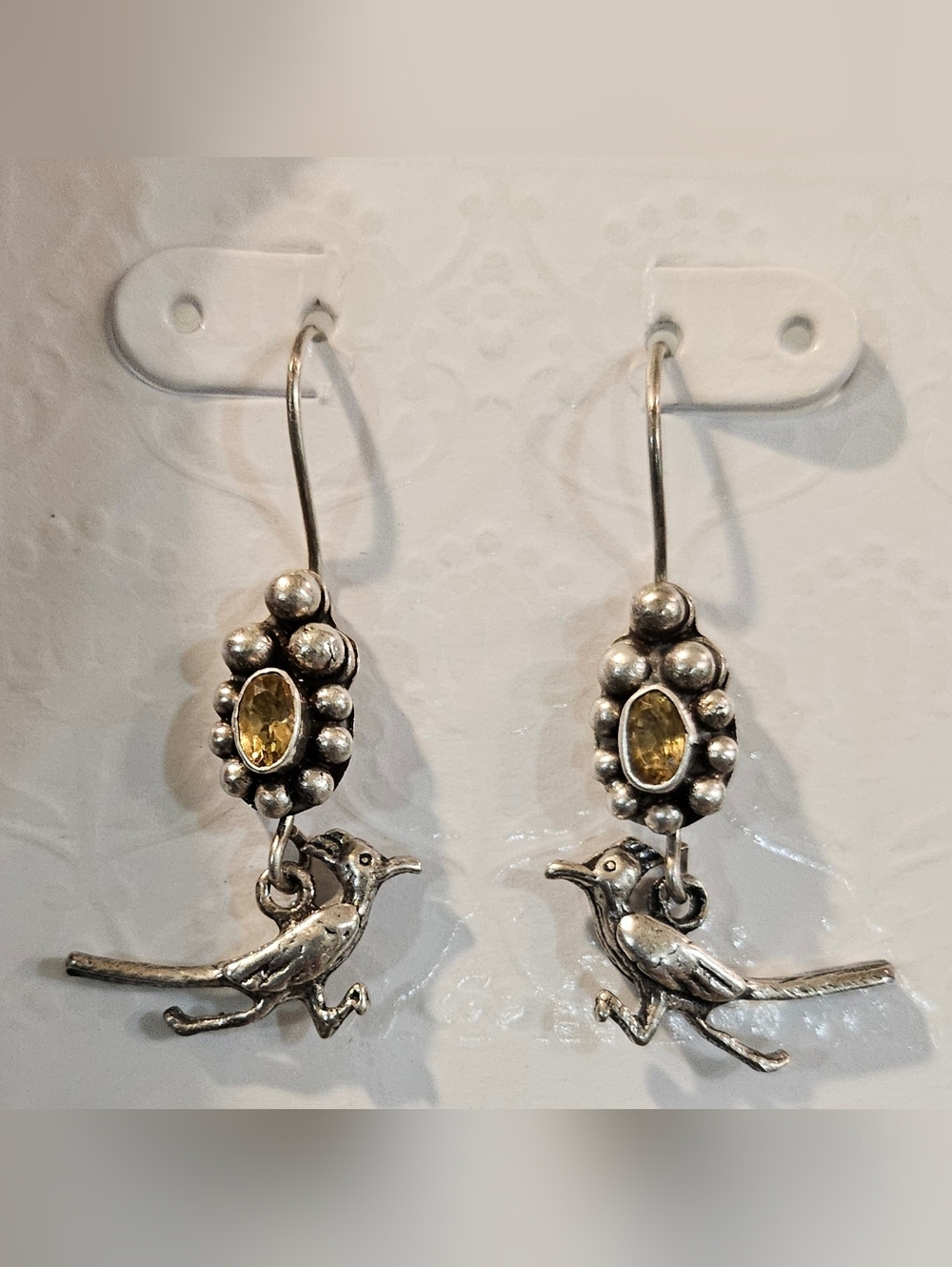 Sterling Silver Bird Drop Earrings with Yellow Gem Accents